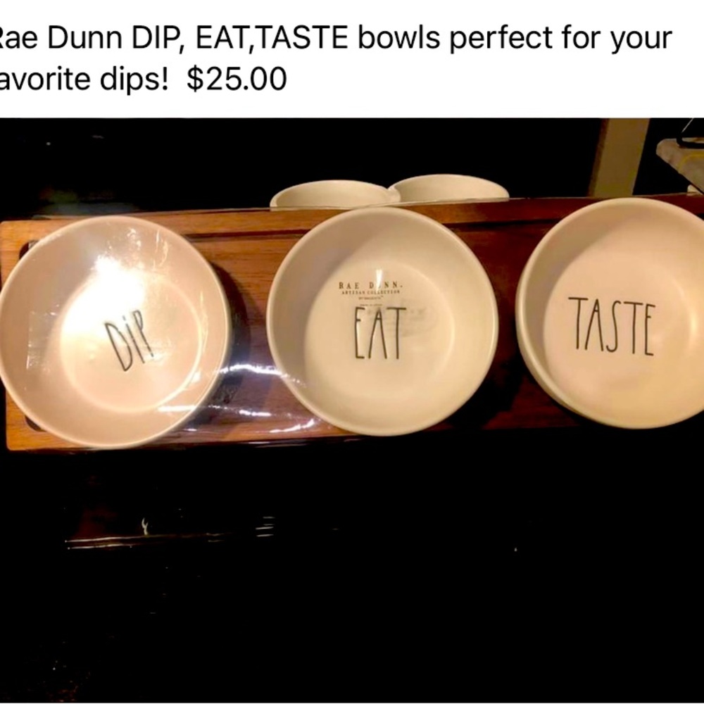Rae Dunn Eat, Dip, Taste bowls with wooden holder.